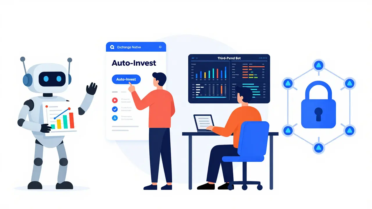 Four characters representing robo-advisors, exchanges, bots, and DeFi tools