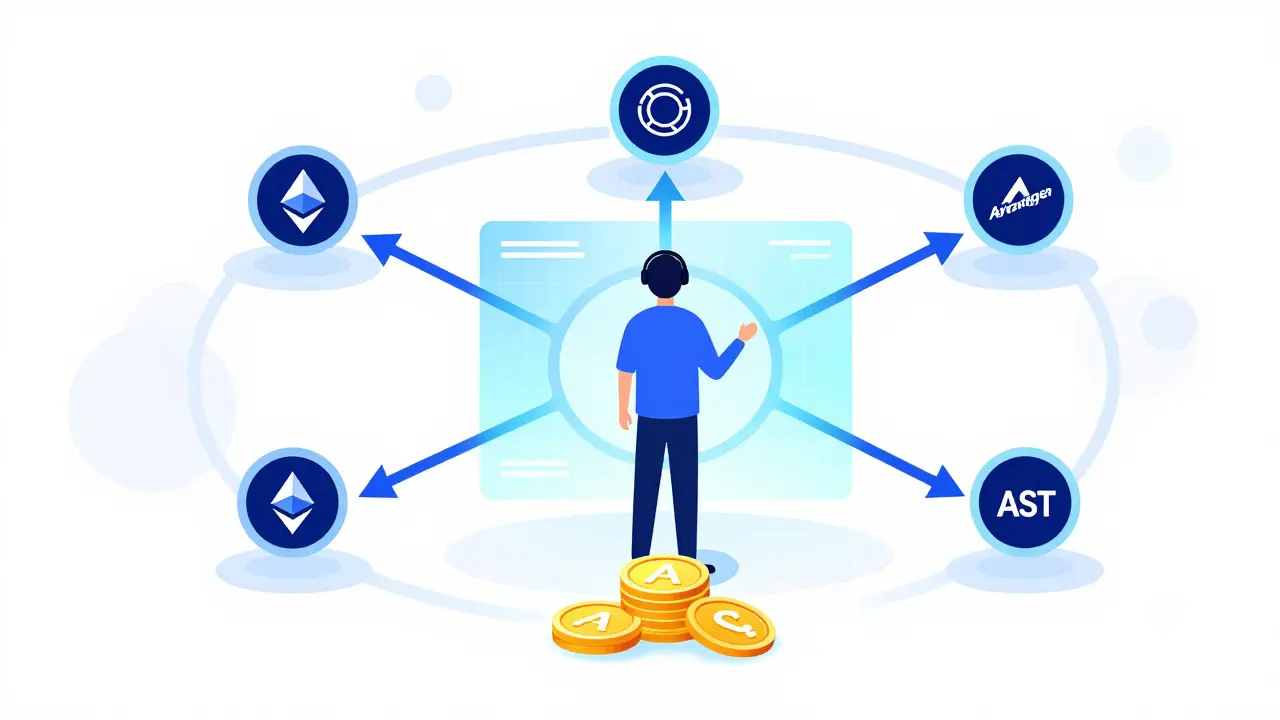 Futuristic trader viewing cross-chain connectivity and AST token utility.