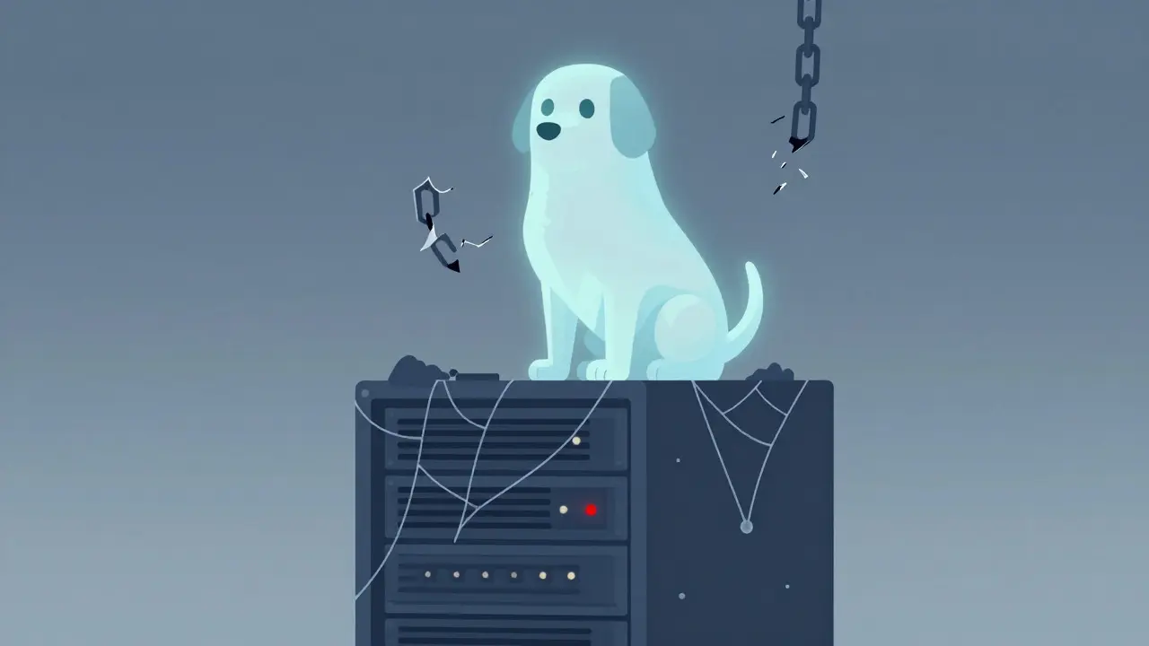 Ghostly zombie token on abandoned, dusty servers