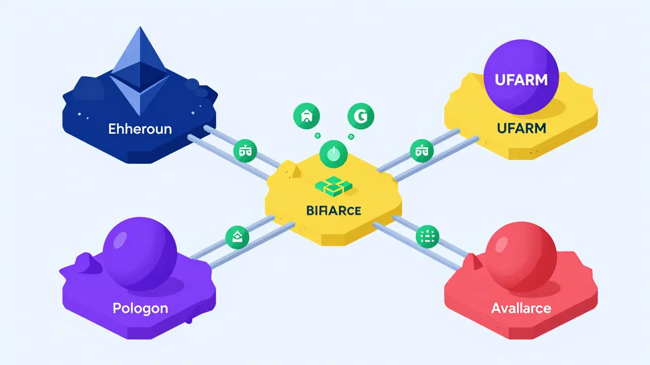 Graphic showing UFARM tokens flowing between four different blockchain networks via digital bridges.