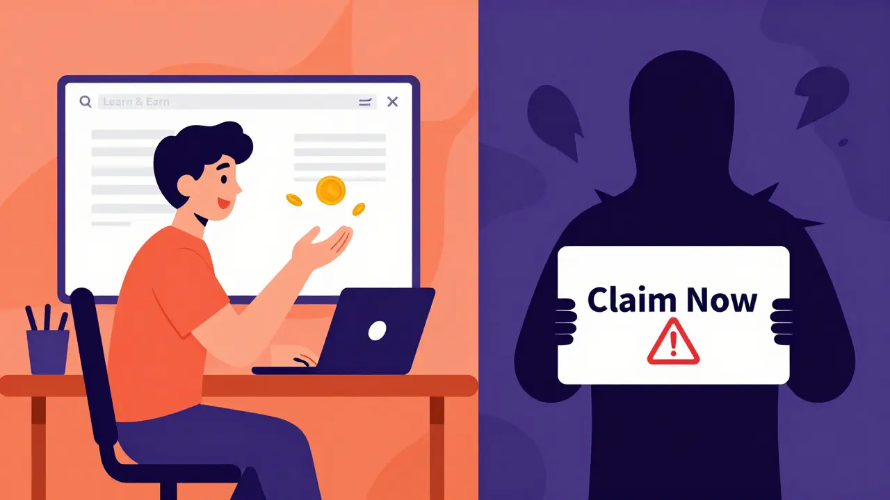 Illustration comparing legit learning vs scam risks
