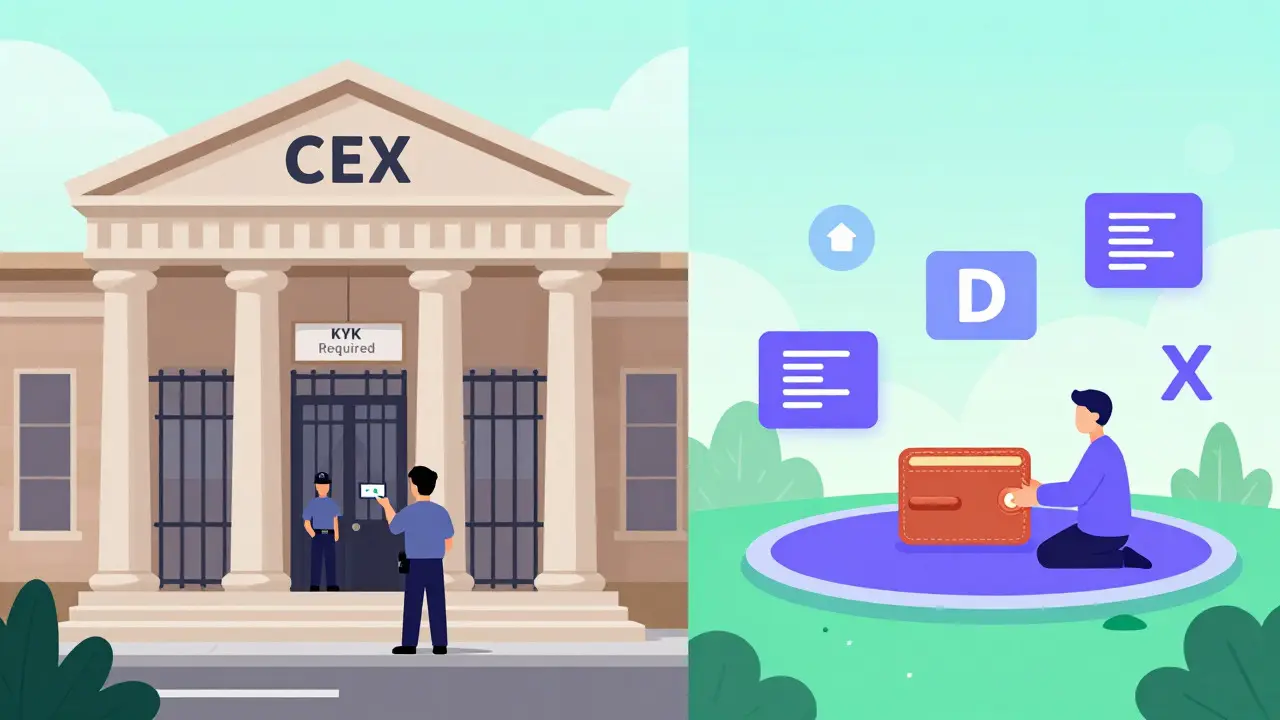 Illustration comparing restrictive centralized exchange vs open decentralized exchange.