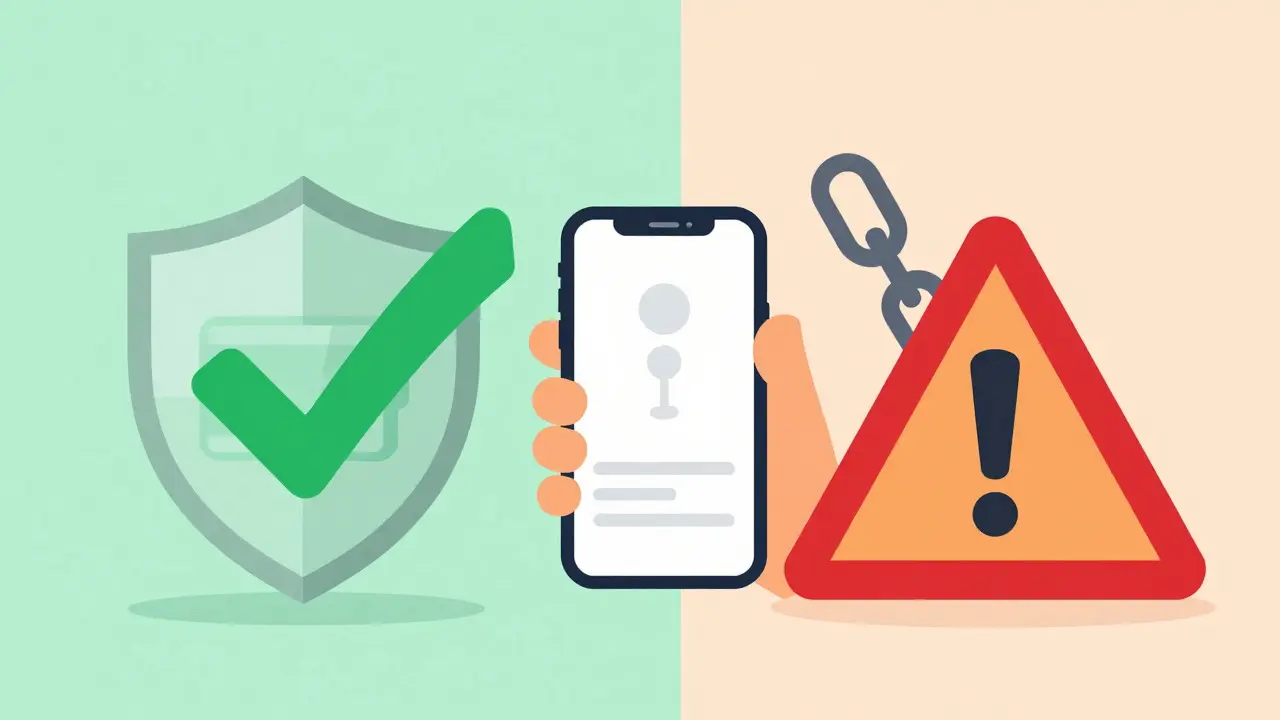 Illustration comparing safe crypto practices versus scam warnings