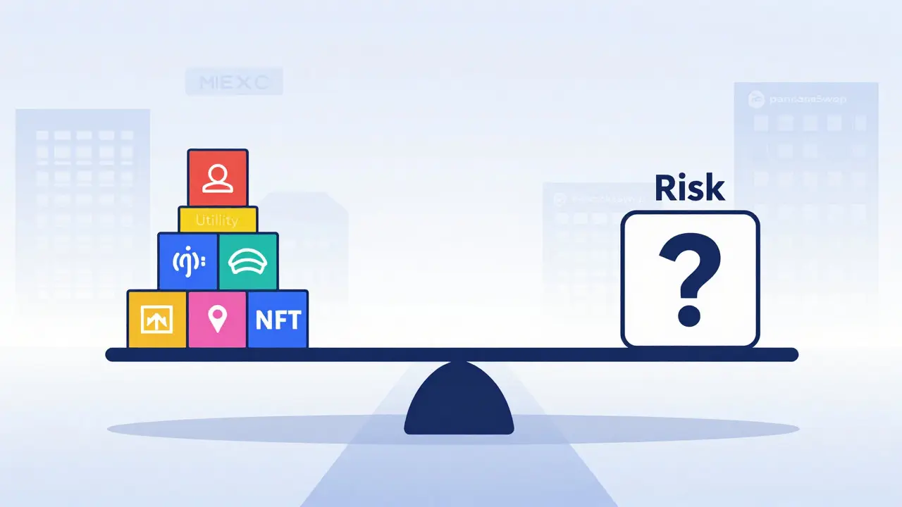 Illustration of a balance scale weighing crypto utility against risk factors for investors.