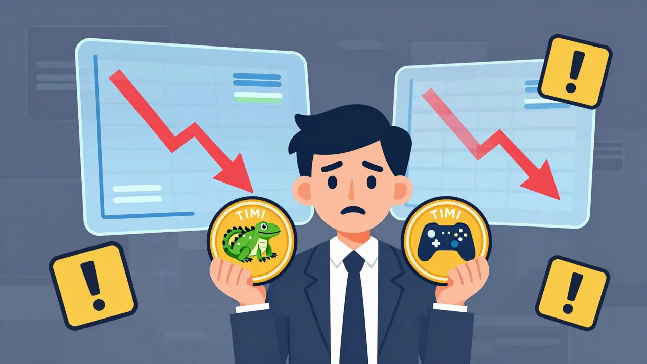 Illustration of confused trader holding two different TIMI tokens