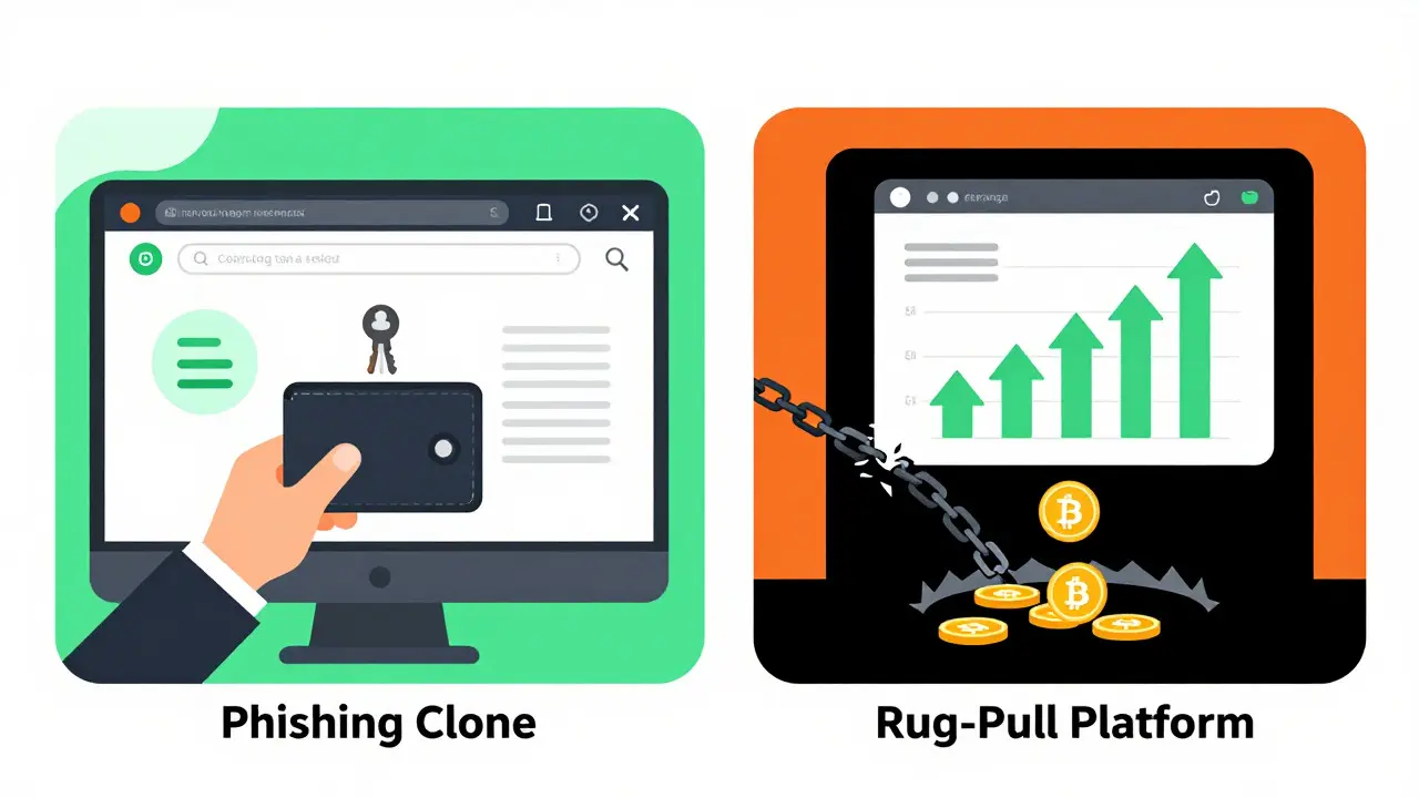 Illustration of phishing clones and rug-pull scams stealing crypto assets