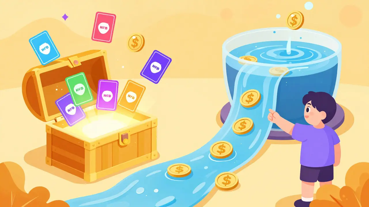 Illustration of staking NFTs and providing liquidity in DeFi