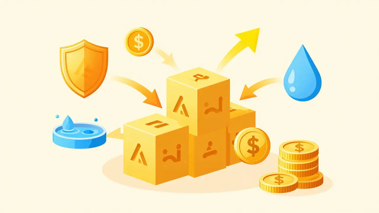 Illustration of stAPT tokens being used across multiple DeFi protocols to stack yields simultaneously.