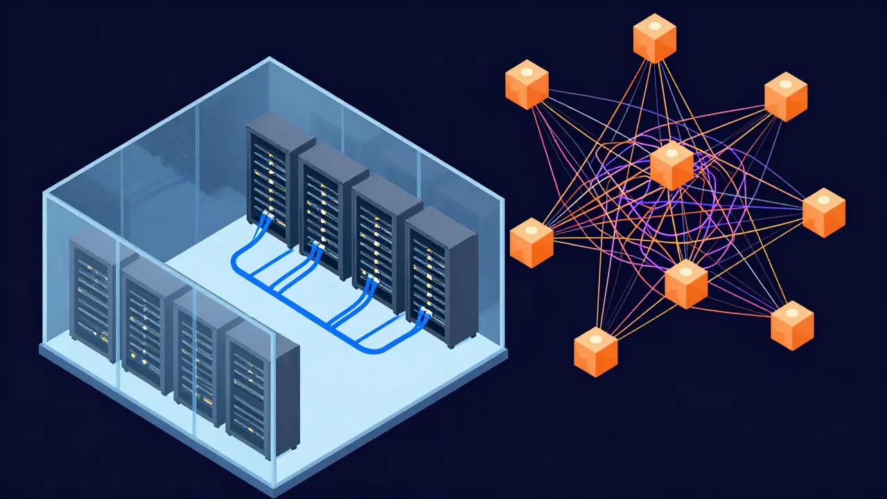 Isometric illustration contrasting simple internal consensus with complex blockchain networks