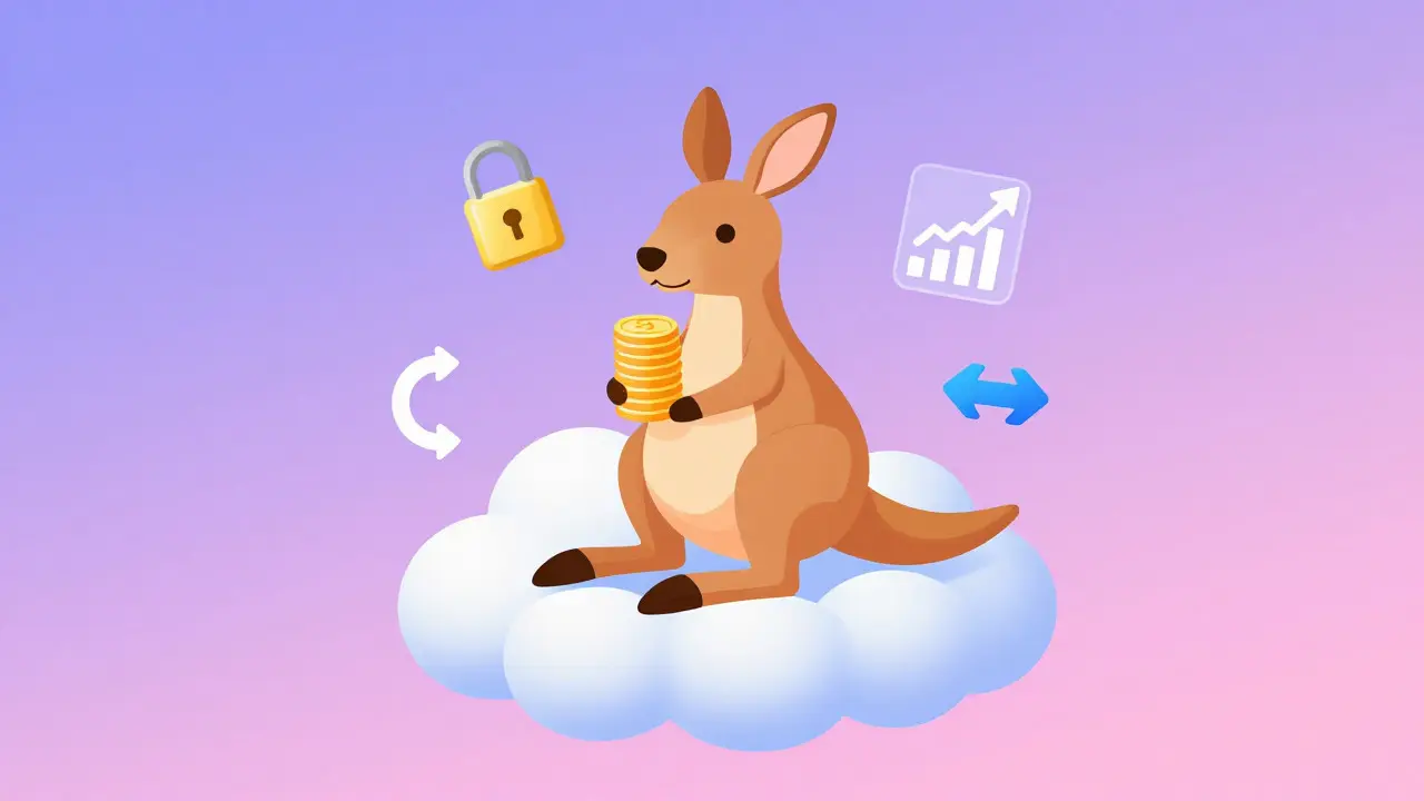 Kangaroo holding coins near icons for staking, trading, and security