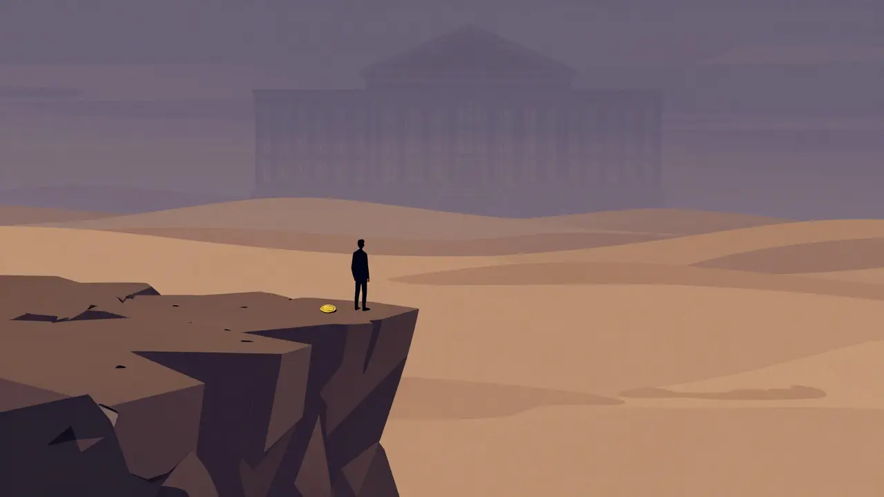 Lonely figure on cliff overlooking empty desert landscape