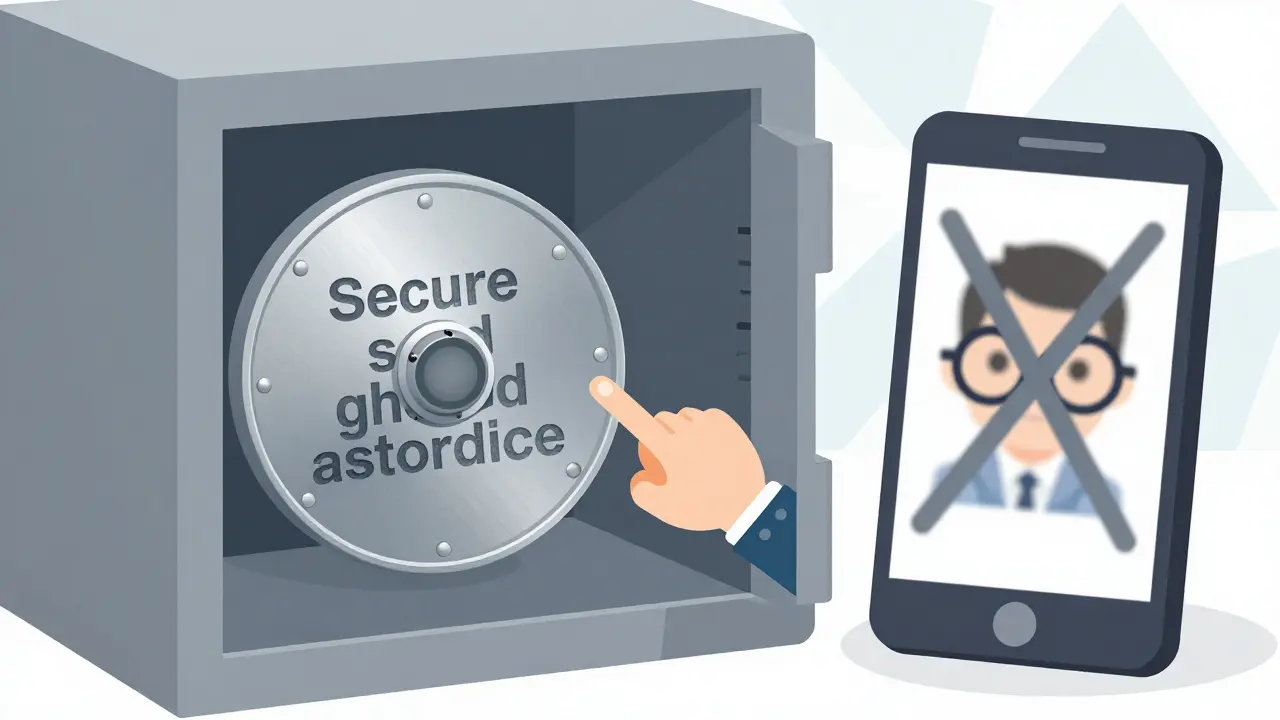 Metal seed phrase plate stored safely in a fireproof home safe