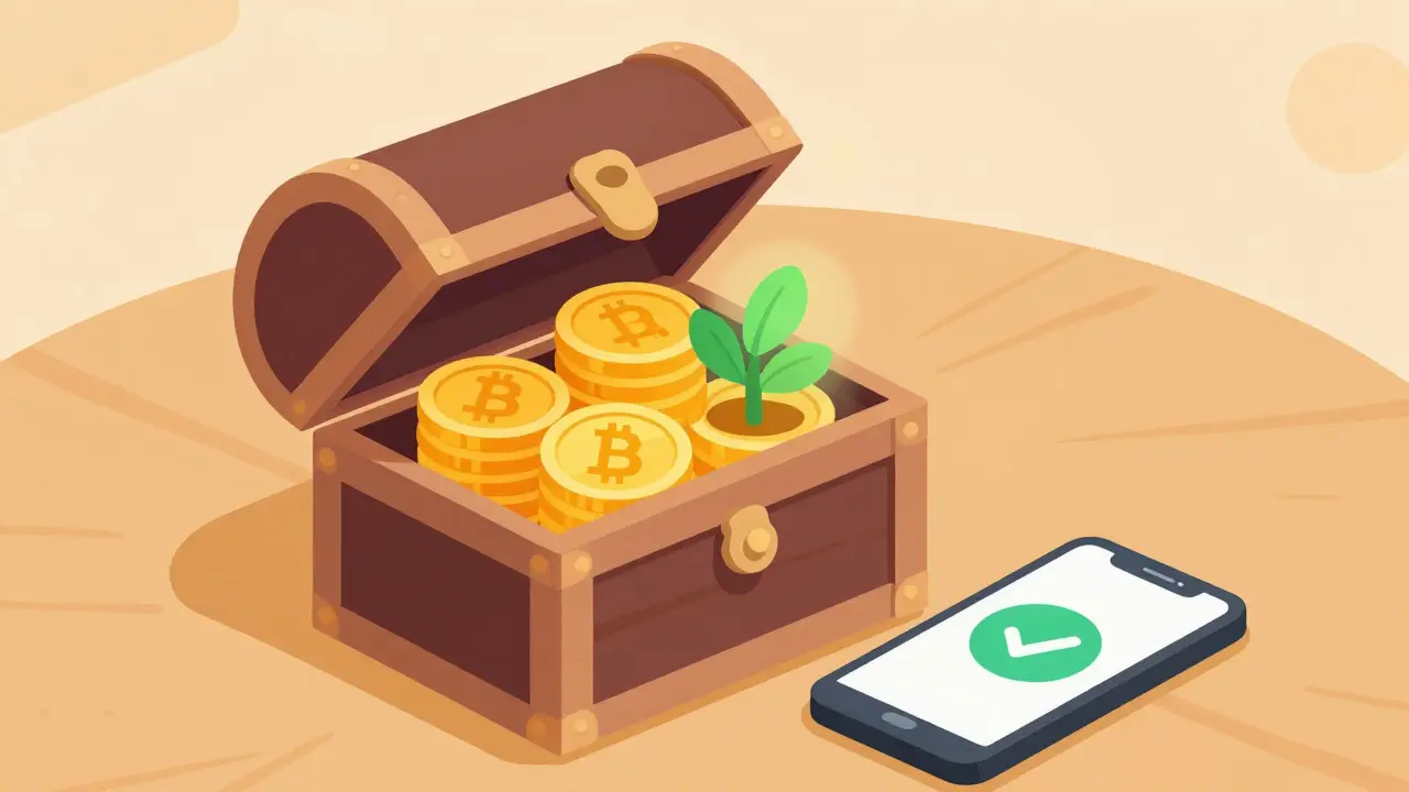 Open treasure chest with crypto coins and a growing plant
