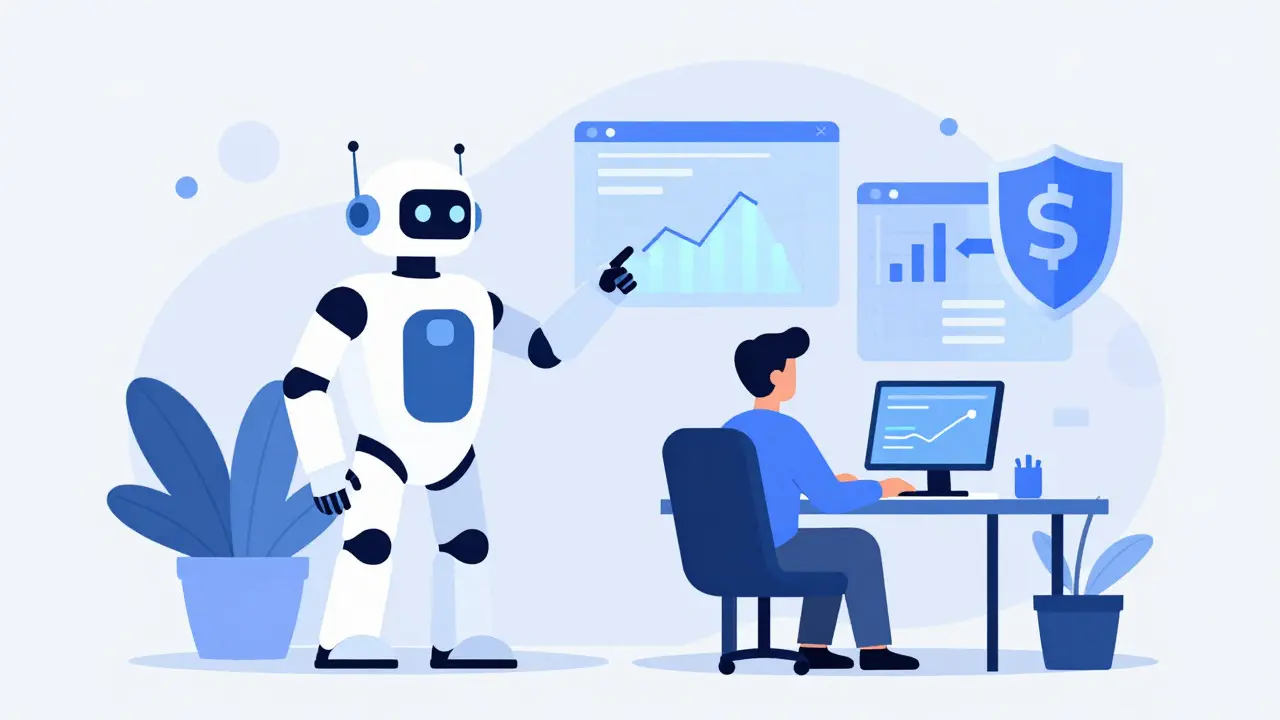 Robot assistant helping trader with AI-powered market analysis