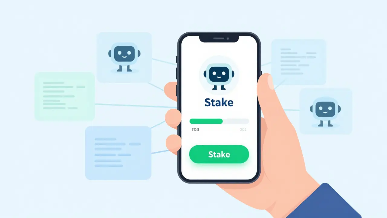 Simple flat design showing a user easily staking assets via a mobile app interface in a secure network.