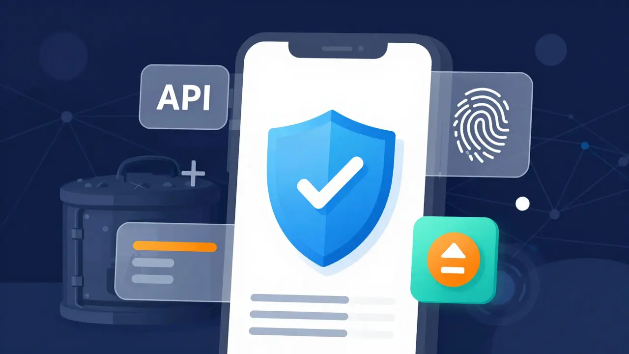 Smartphone displaying security shield, API keys, and 2FA icons