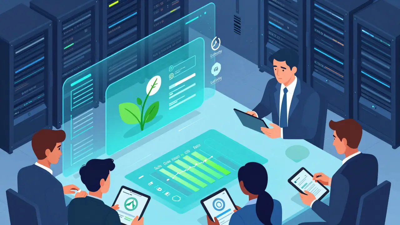 Team monitoring crypto compliance dashboards with green metrics