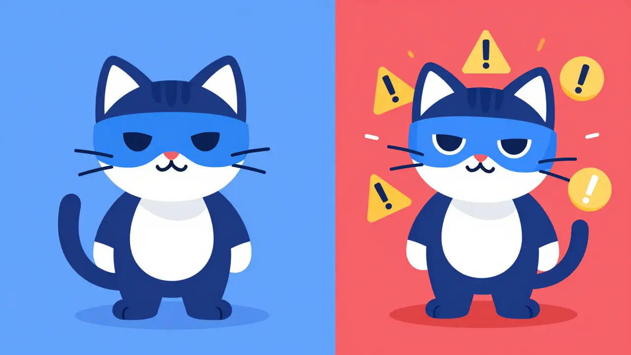 Two masked cats comparing real vs fake crypto tokens