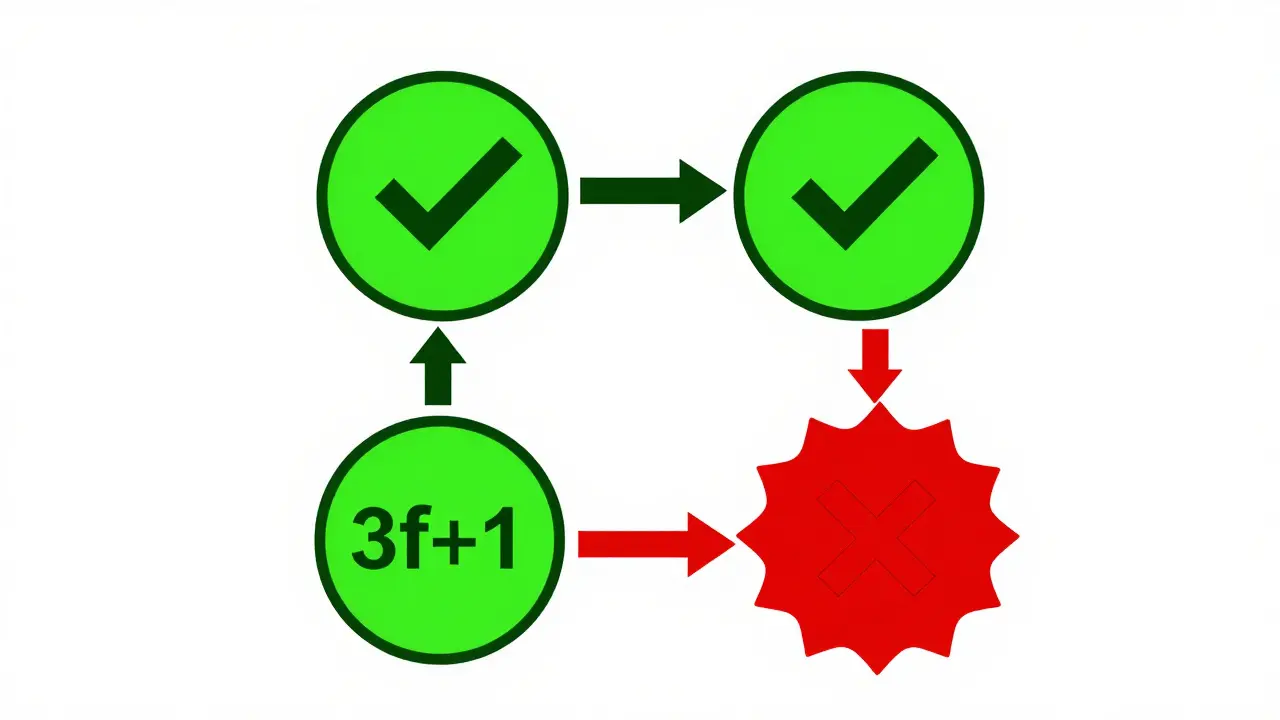Visual representation of Byzantine Fault Tolerance with three honest nodes outvoting one bad node