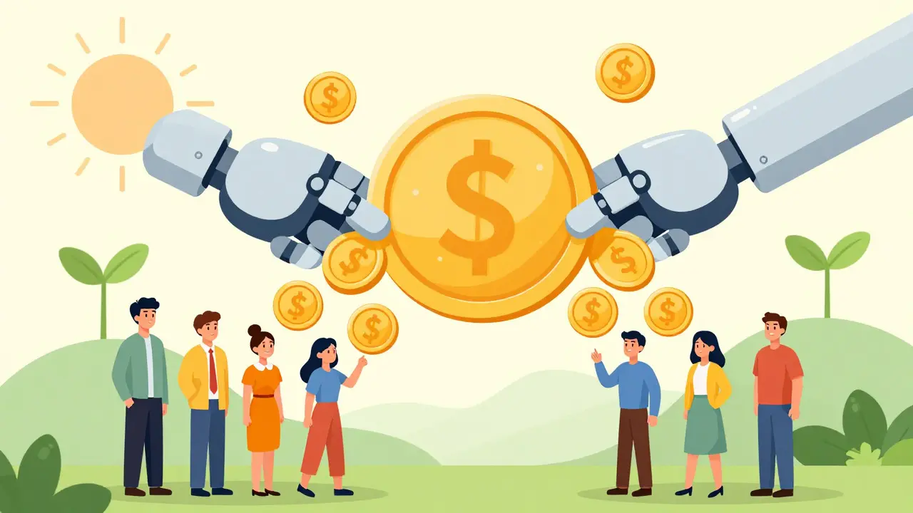 A large asset splitting into small tokens distributed to various people