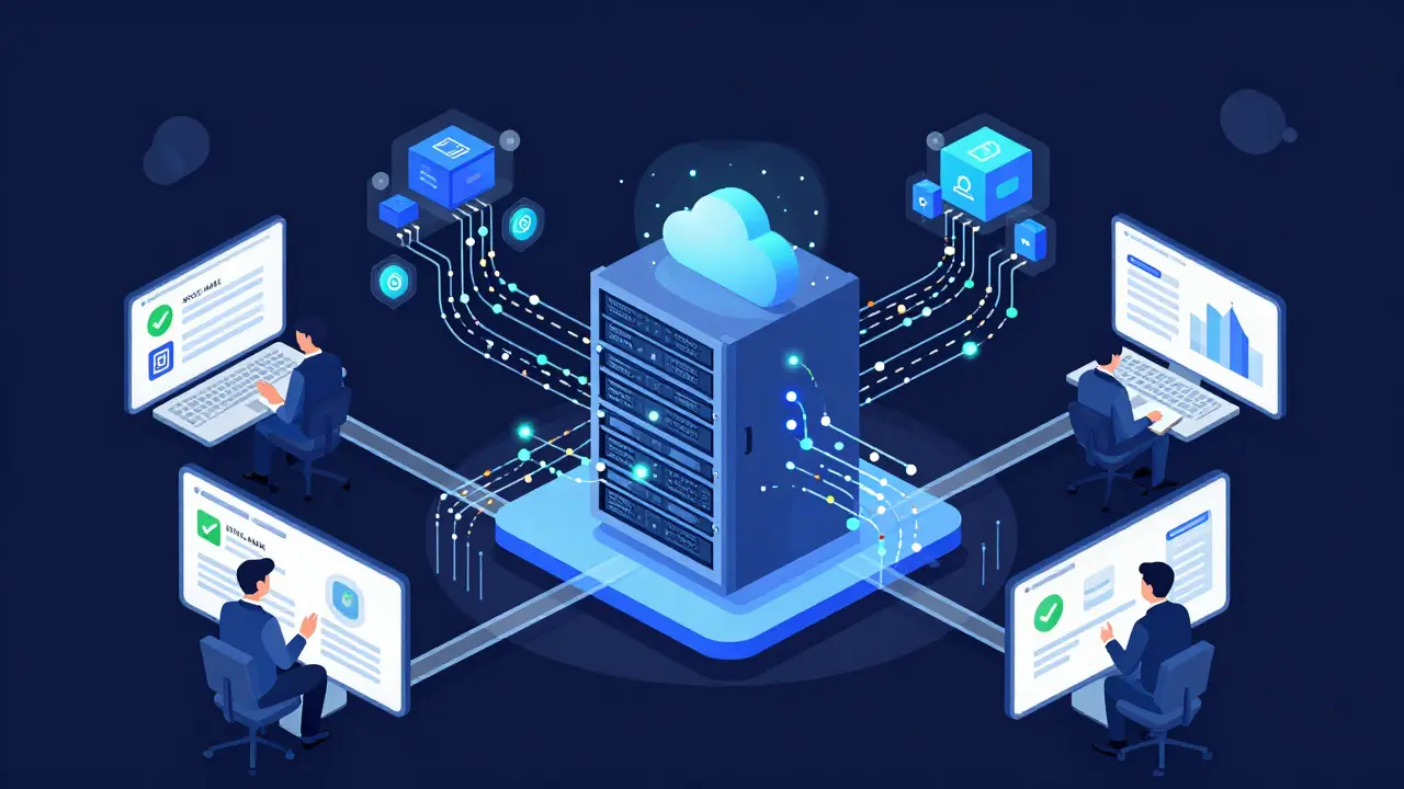 Abstract illustration of a cloud-based compliance platform processing blockchain data