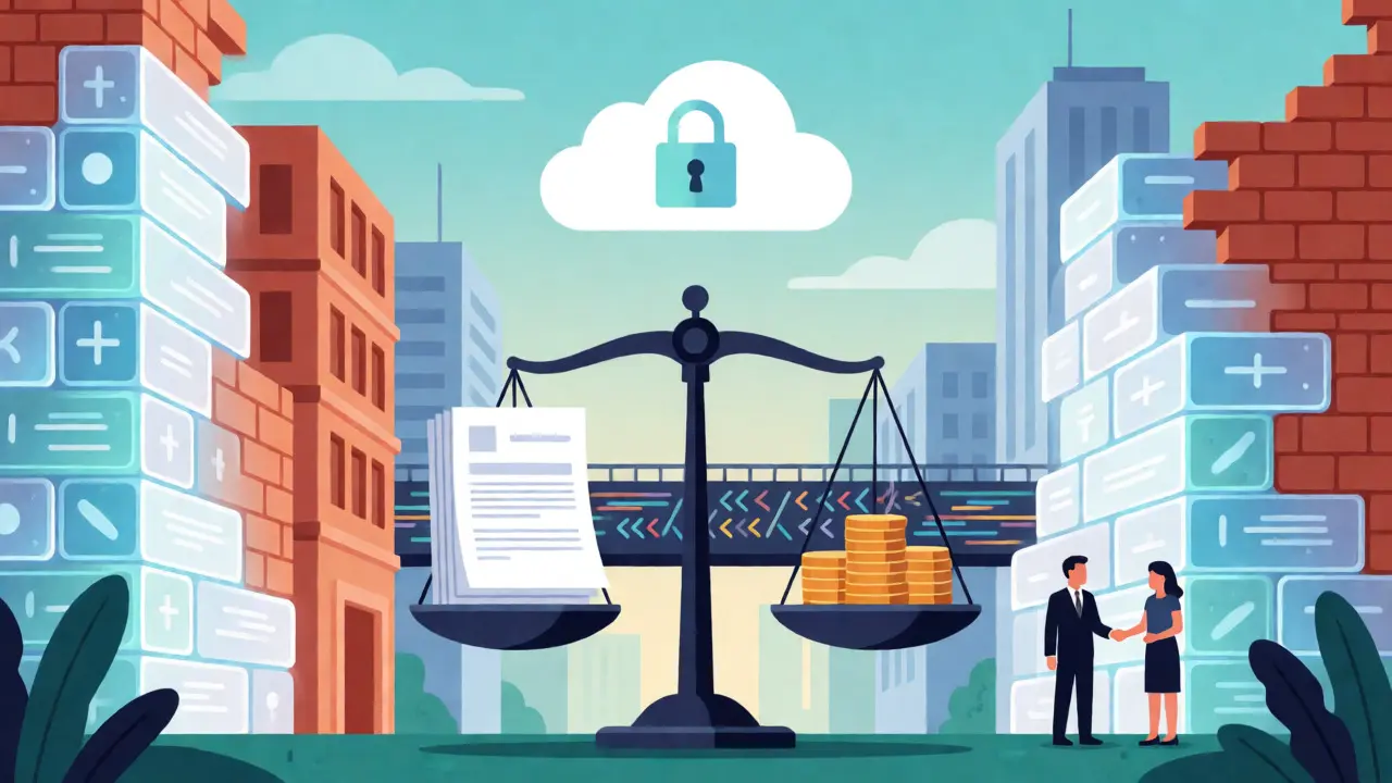 Balance scale weighing legal documents against digital coins