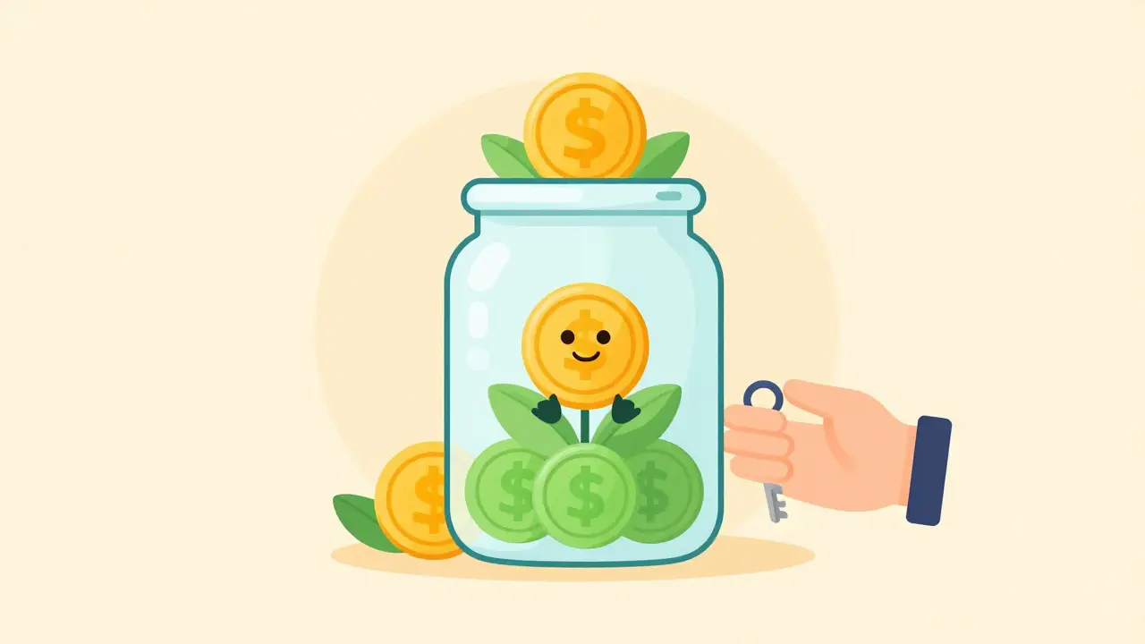 Cartoon of a coin earning rewards inside a jar with growing green assets