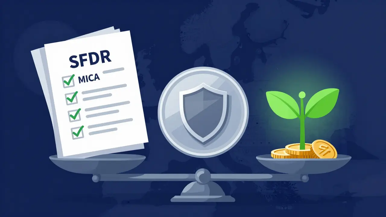 Cartoon showing a token balancing regulatory documents and a sustainable plant on a scale