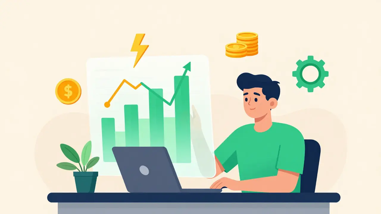 Cartoon-style depiction of a trader with abstract charts, highlighting trading features