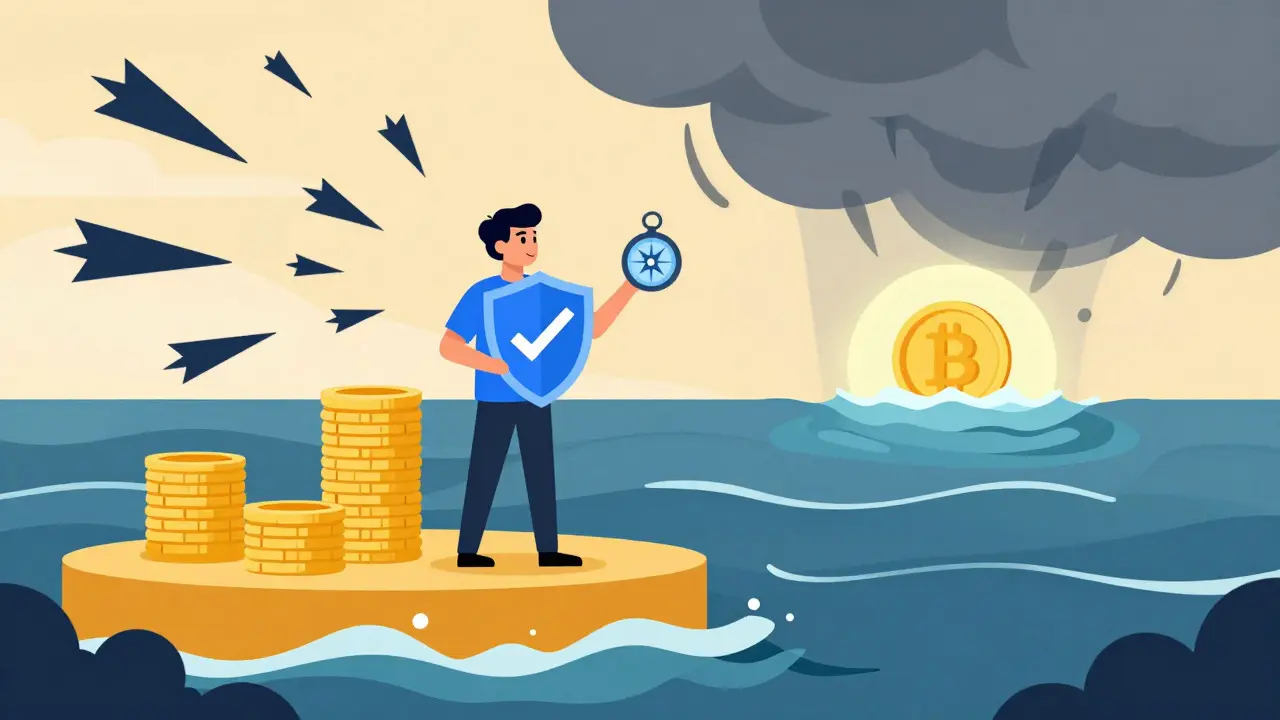 Character defending against scams while aiming for a rising token symbol on a coin platform