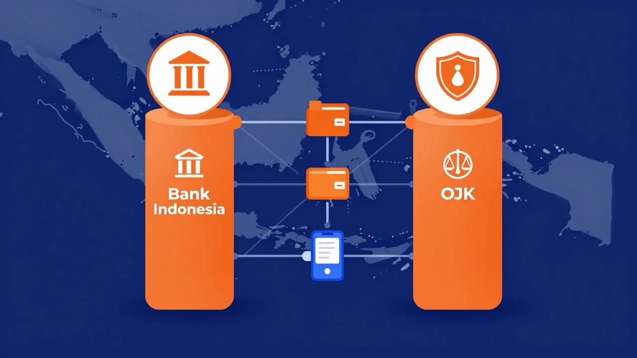 Conceptual art showing the dual regulatory roles of OJK and Bank Indonesia