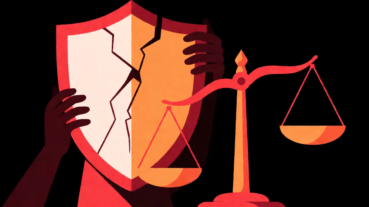 Cracked shield and unbalanced scales symbolizing high security risks