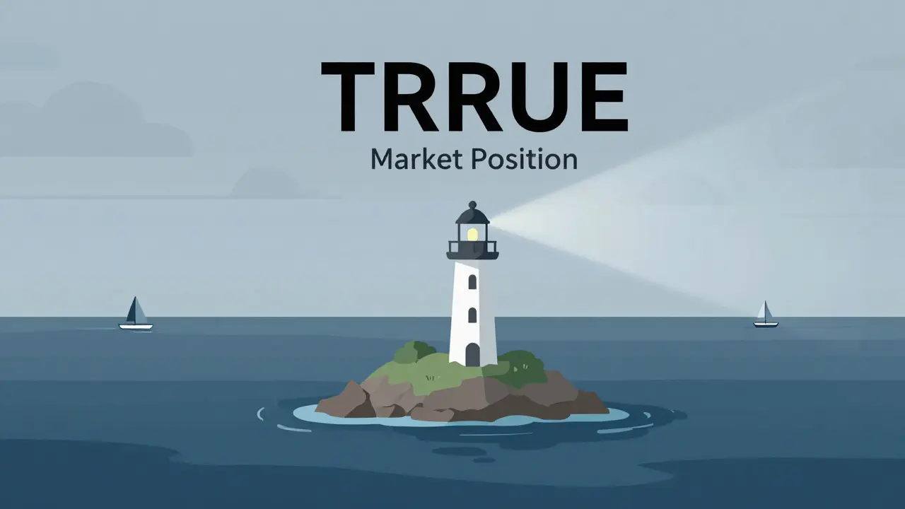 Flat art of a small island with a lighthouse in a dark sea, symbolizing a niche crypto market