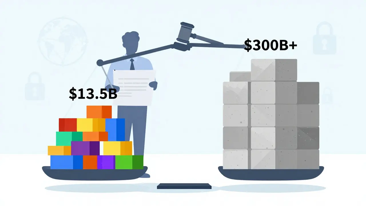 Flat art scale comparing smaller crypto fines against massive traditional banking penalties.