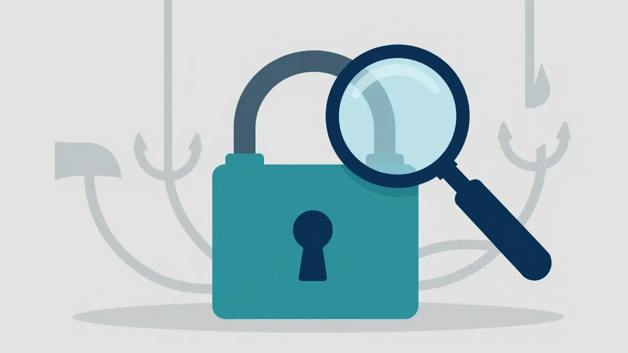 Flat illustration of a padlock and magnifying glass symbolizing crypto security