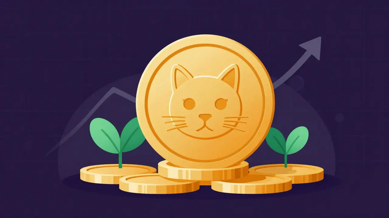 Golden coin with cat emblem on stack with growth symbols and network grid