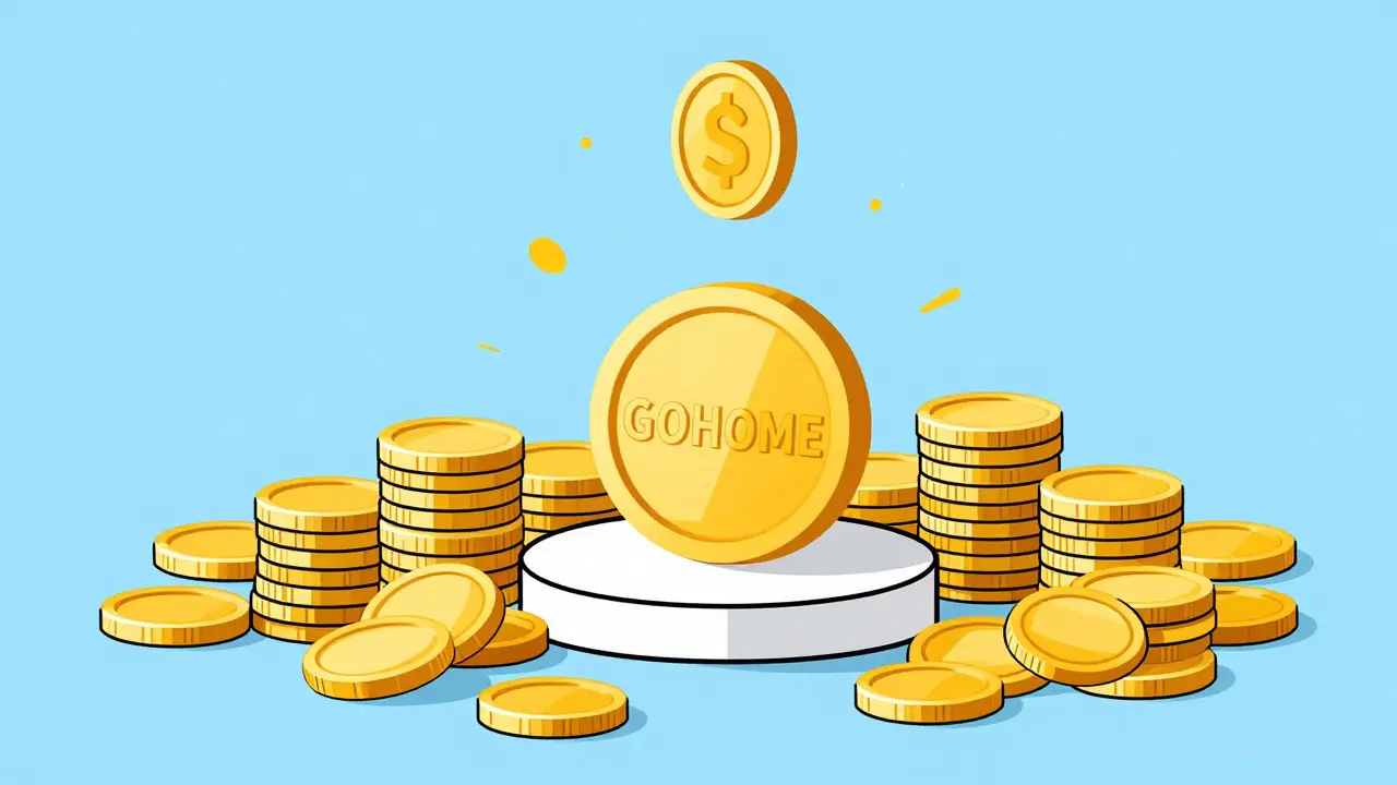 Golden GOHOME coin on pedestal surrounded by empty coin outlines showing scarcity