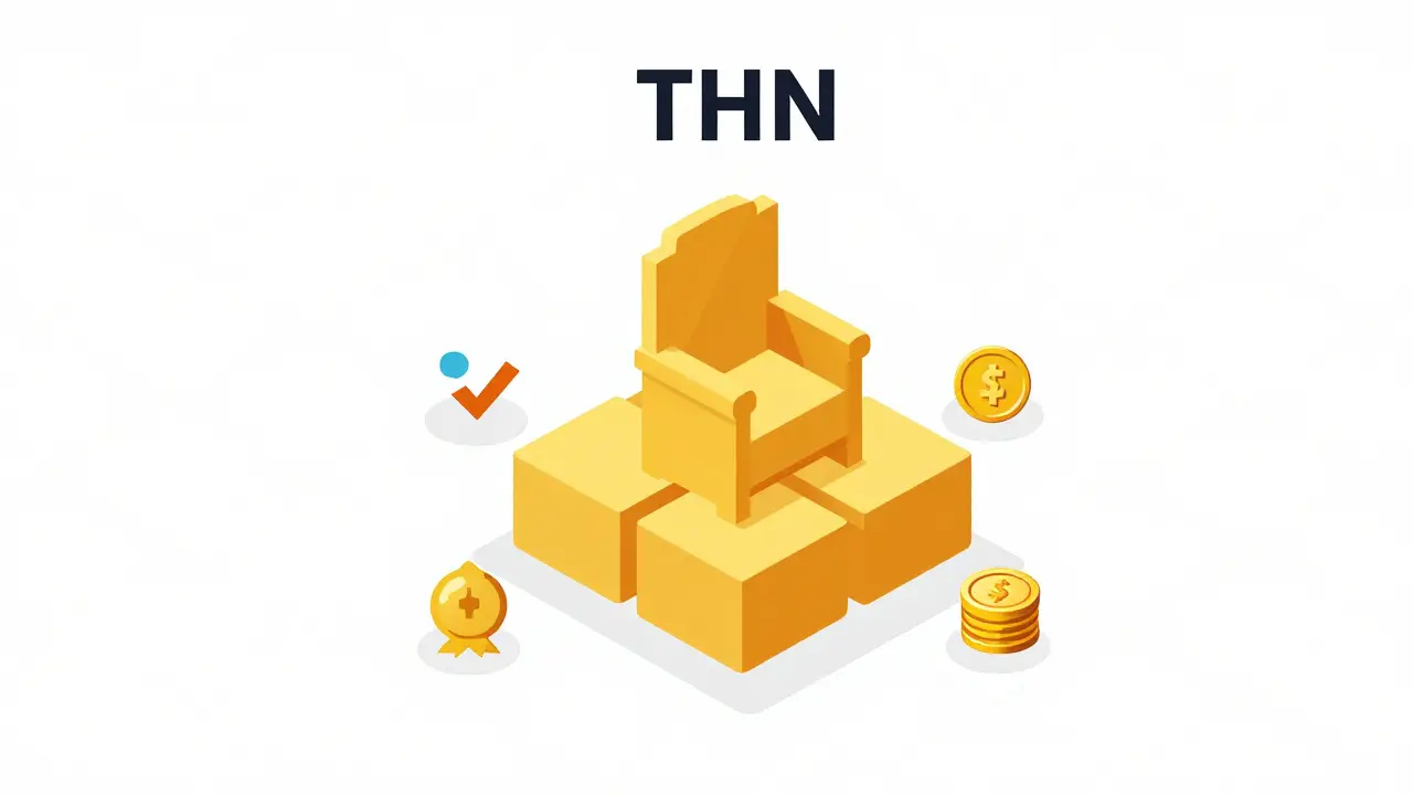 Golden throne on blockchain block surrounded by utility icons