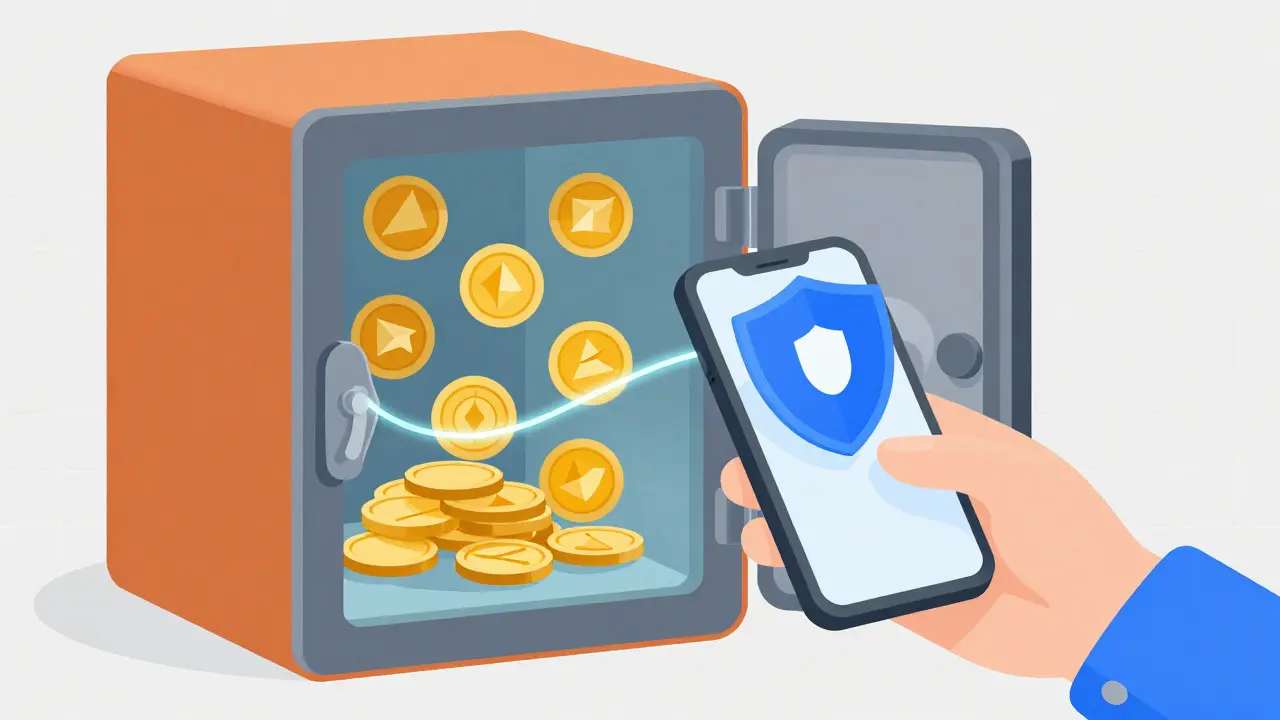 Hand holding phone connected to secure vault with shield icon in flat art