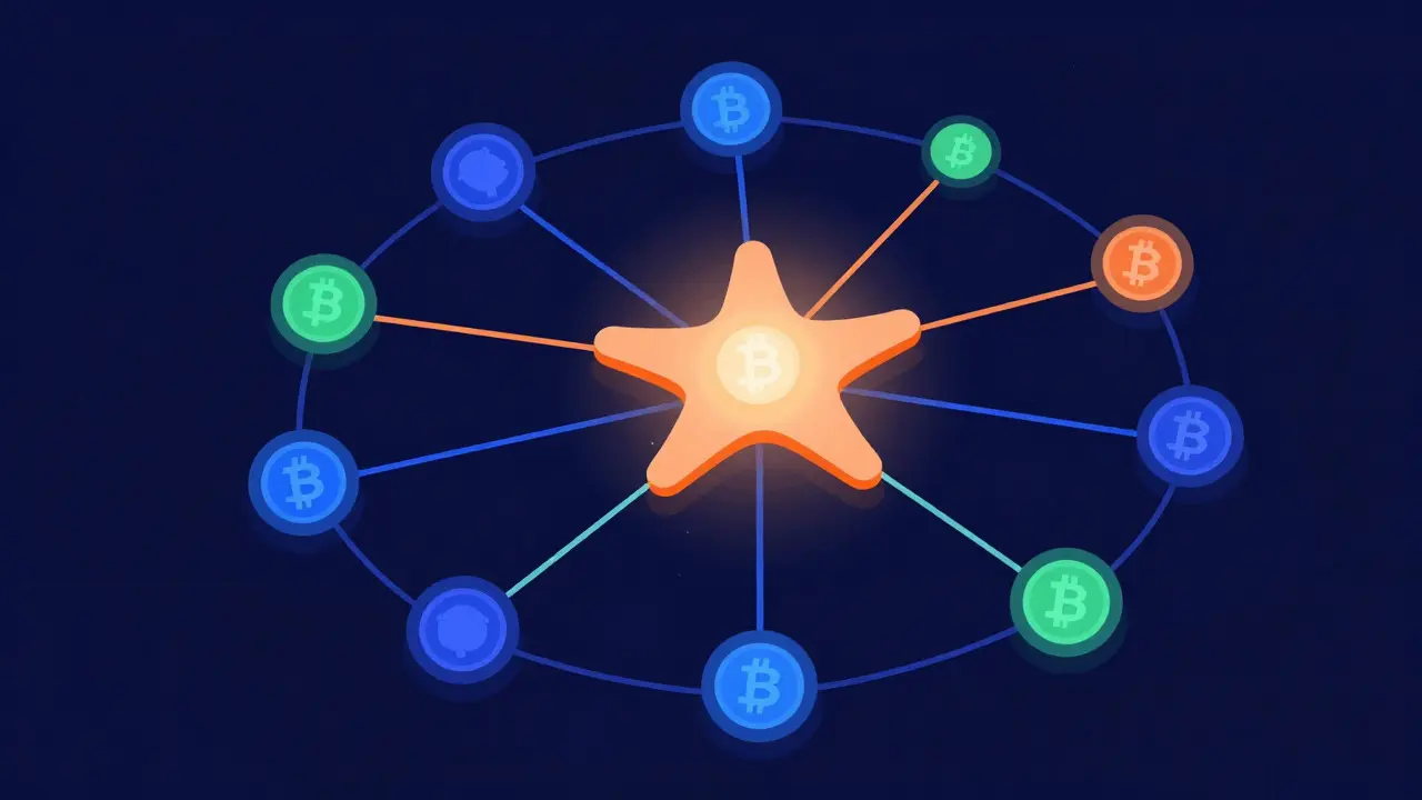 Hub-and-spoke network diagram illustrating Starfish Topology liquidity model