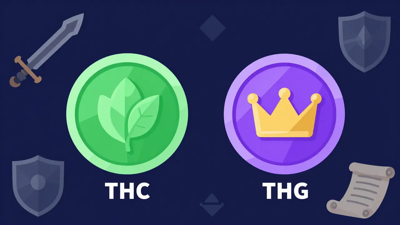 Illustration comparing green THC coin and purple THG gem token icons
