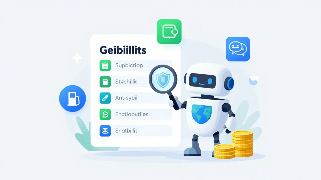 Illustration of a robot checking eligibility criteria like wallet activity and security badges