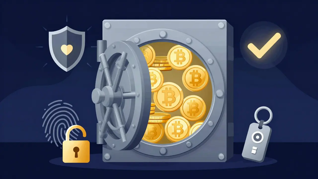 Illustration of a secure vault with digital coins and security icons, symbolizing fund safety