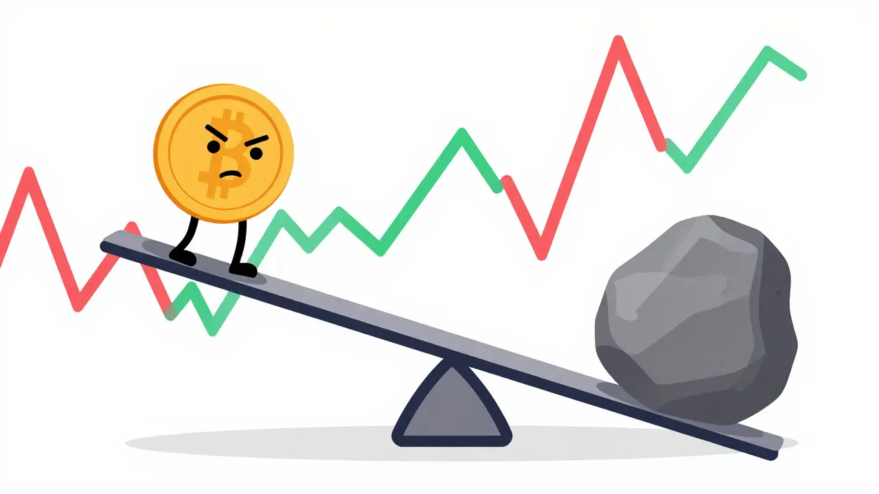 Illustration of a small coin balancing precariously on a tilted seesaw