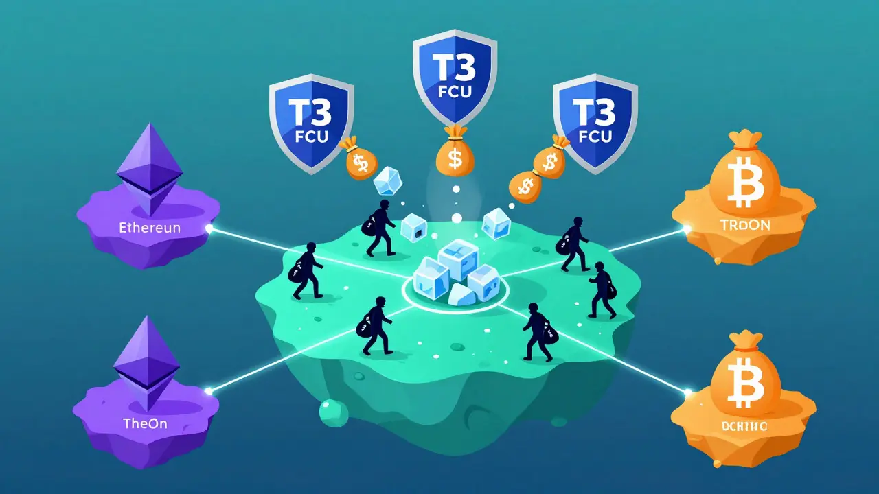 Illustration of blockchain networks with TRON highlighted and enforcement shields active.