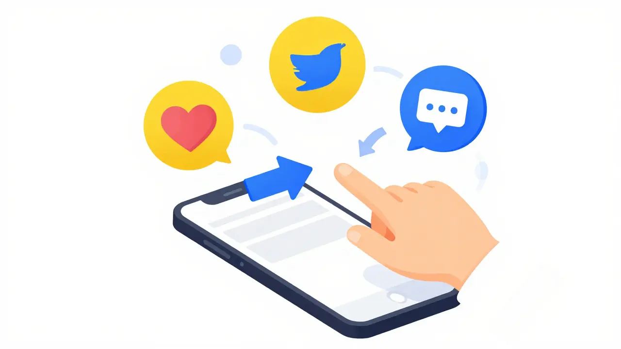 Illustration of hand interacting with social media icons over a smartphone wallet