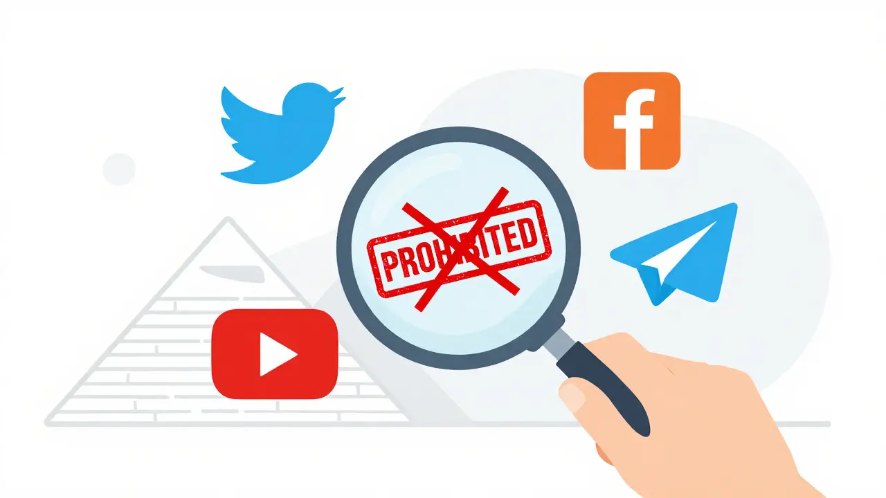 Magnifying glass highlighting banned social media icons