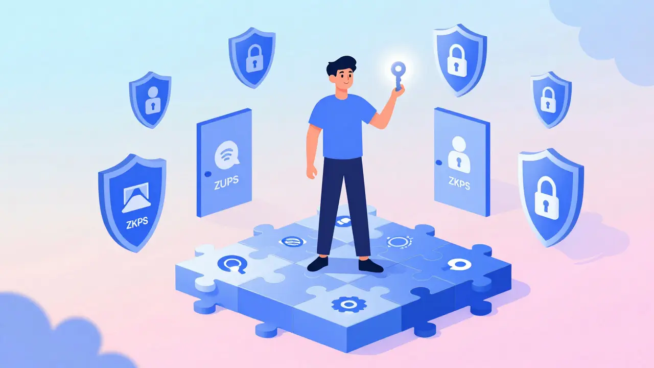 Person standing on a tech platform surrounded by security shields, representing future identity control