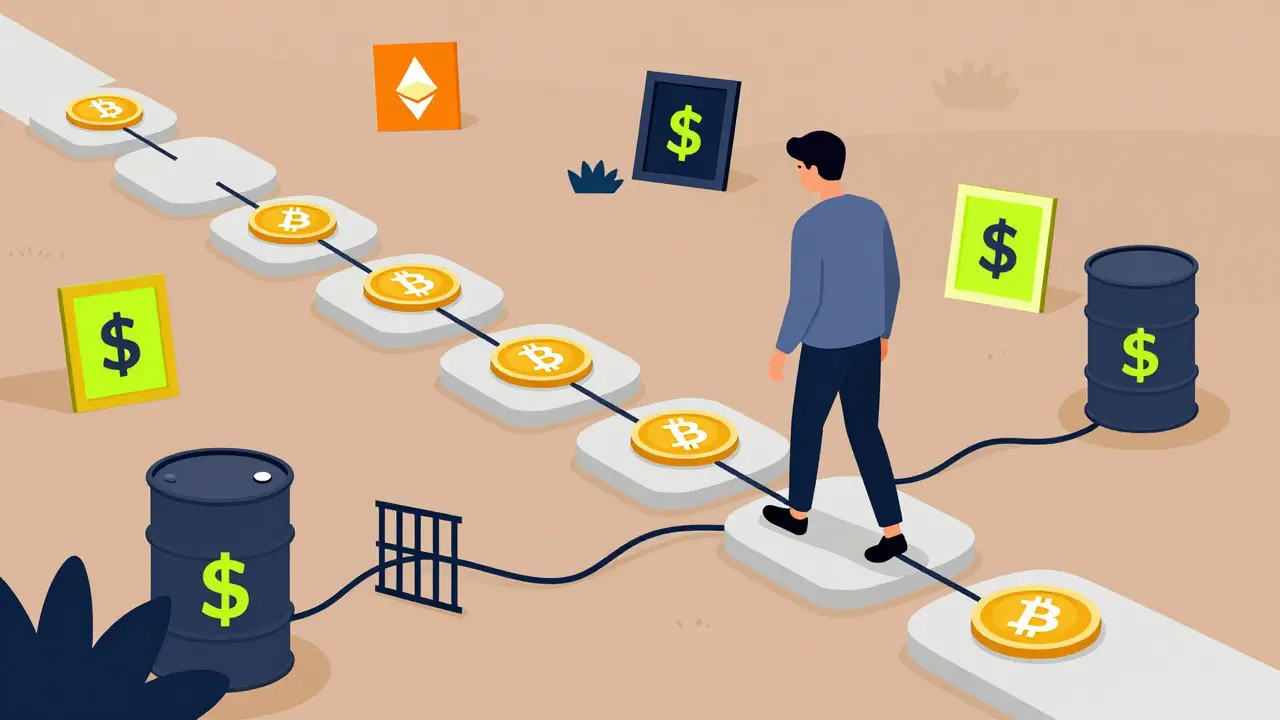 Person walking carefully on crypto-themed minefield