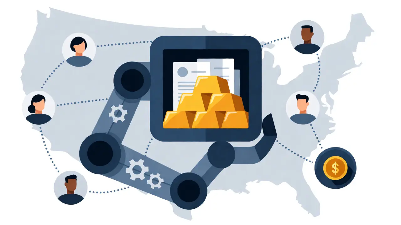 Robot holding a vault of assets surrounded by investor tokens